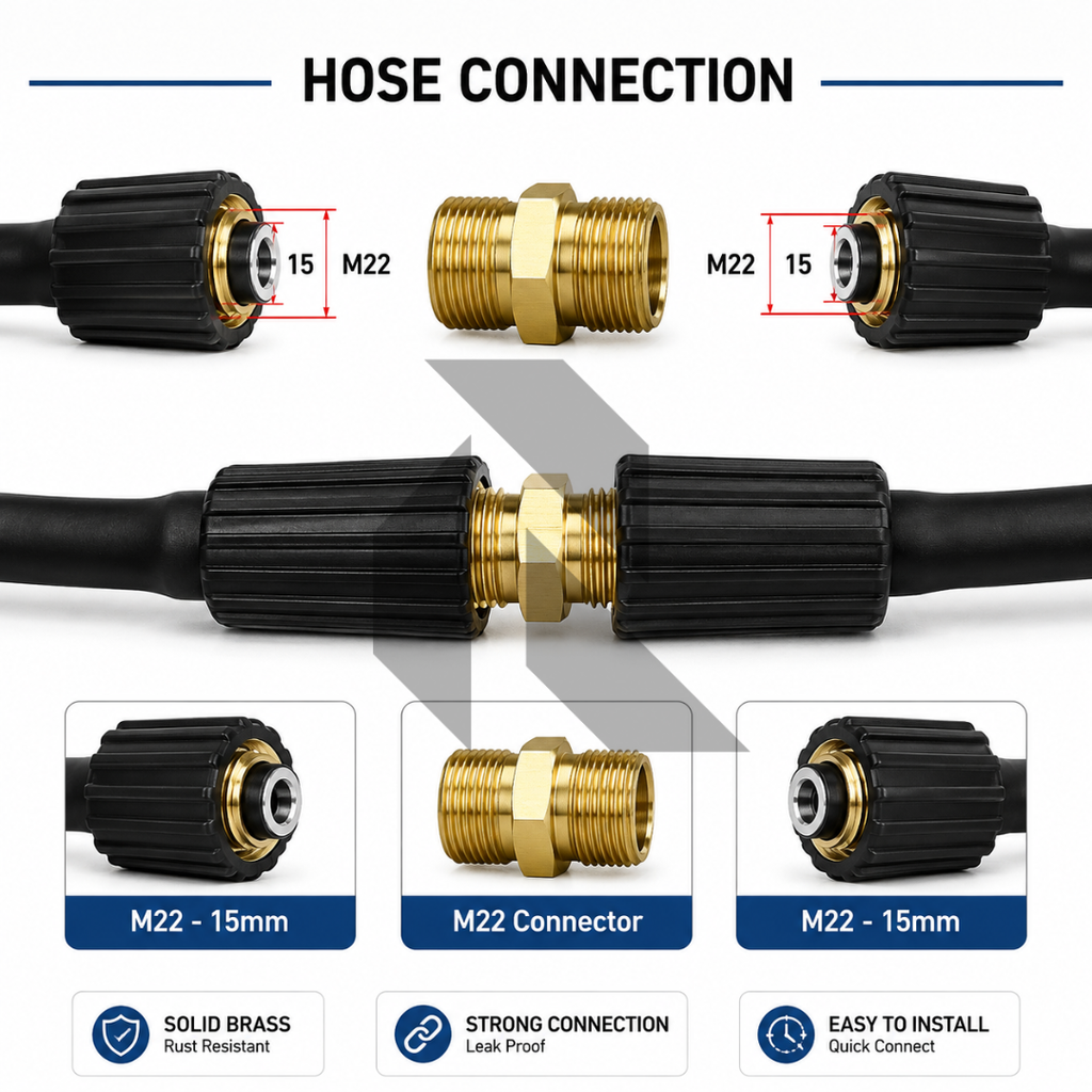 Pressure Washer Pipe Extension Connector M22-15mm – Brass Hose Joiner for Pressure Washer Hoses