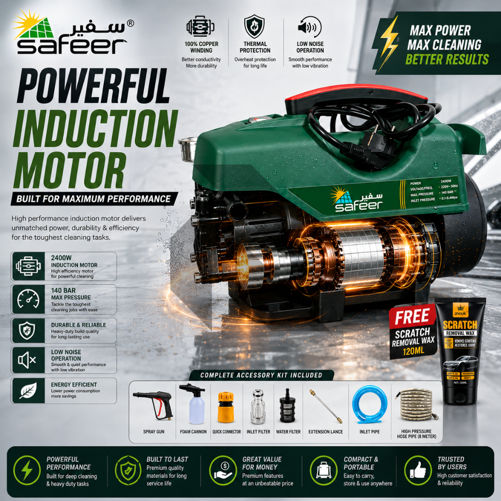 Safeer 95S7 High Pressure Washer 140 BAR 2800 RPM + Free Scratch Removal Wax