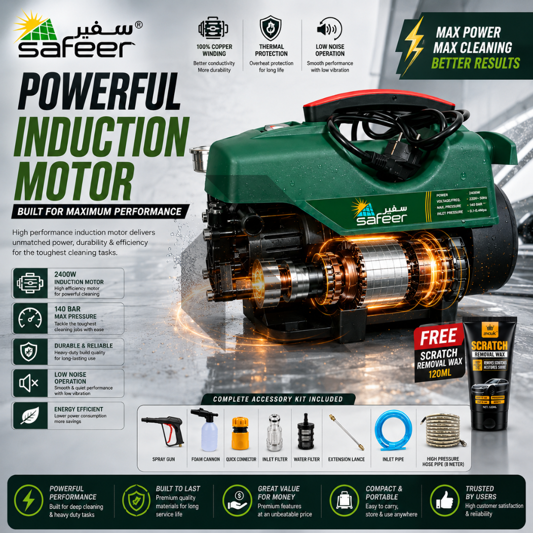 Safeer 95S7 High Pressure Washer 140 BAR 2800 RPM + Free Scratch Removal Wax