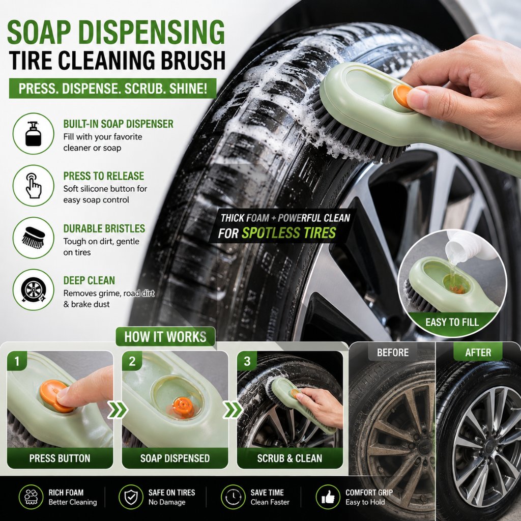 Car Soap Dispensing Cleaning Brush – Built-In Soap Dispenser Scrub Brush for Car Interior & Exterior