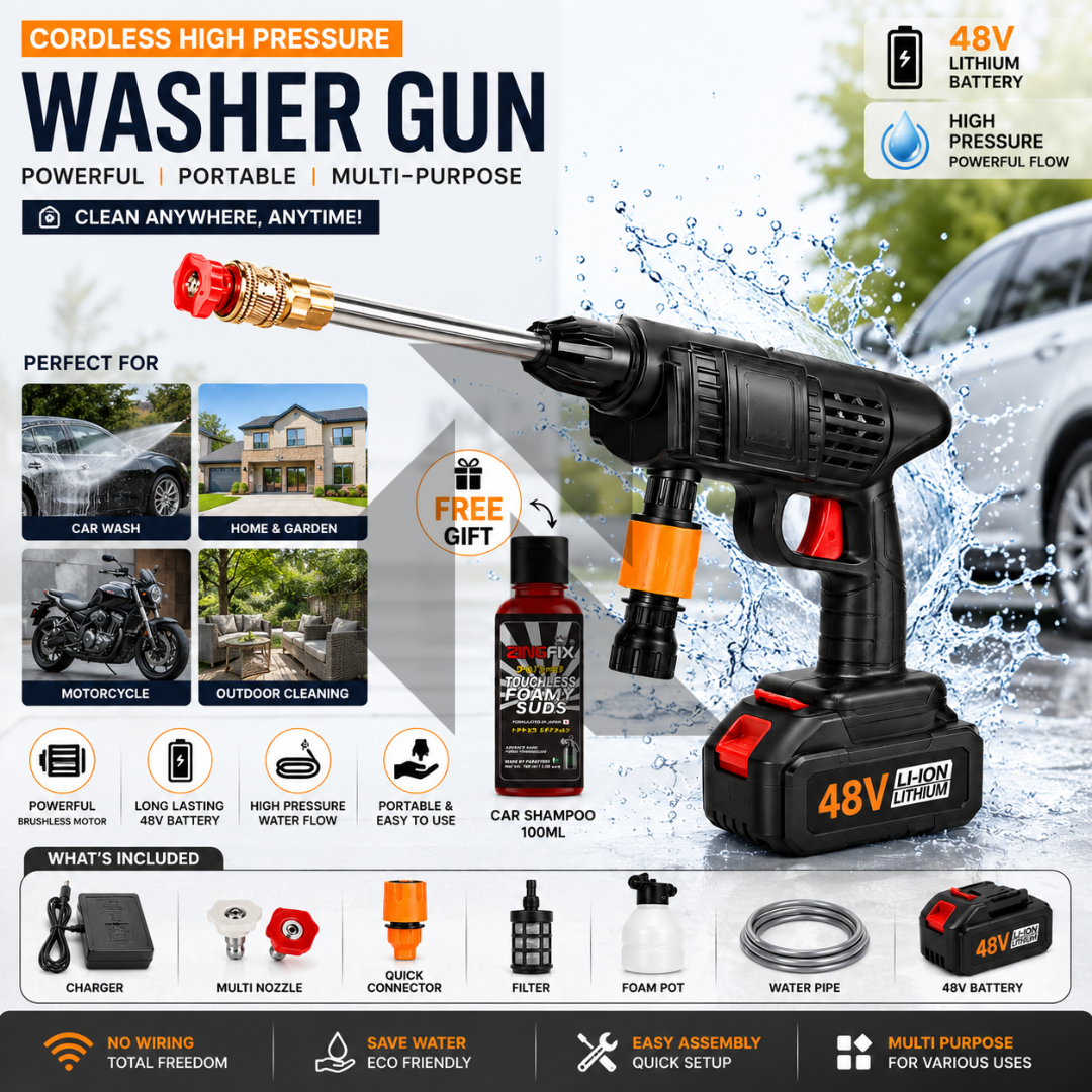 48V Cordless High Pressure Washer – Rechargeable Car Washer with Single Battery Free 100ML Shampoo