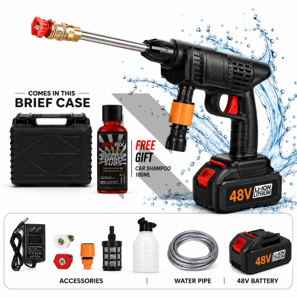 48V Cordless High Pressure Washer – Rechargeable Car Washer with Single Battery Free 100ML Shampoo