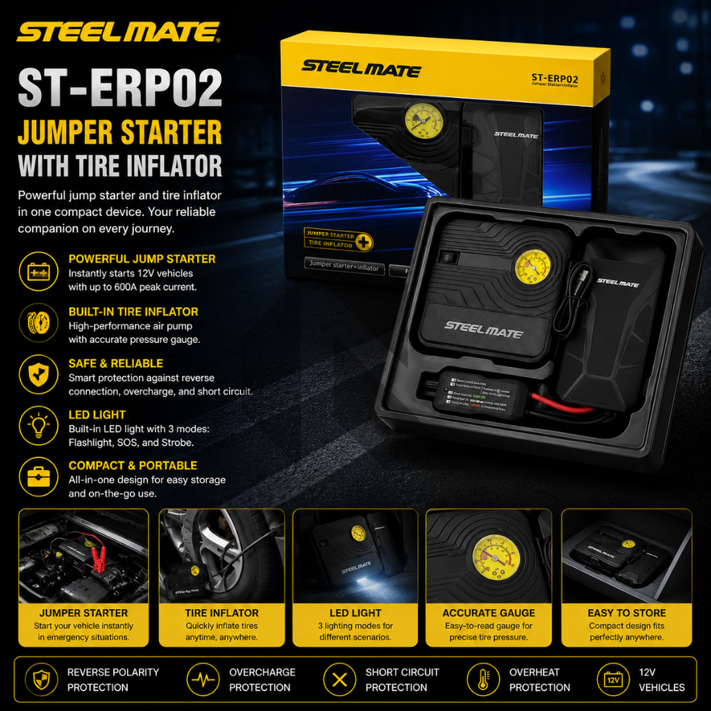 STEELMATE ST-ERP02 Car Power Bank Jump Starter 12000mAh – Portable Air Compressor 90 PSI Rescue Package