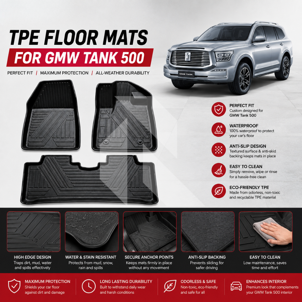 GMW Tank 500 TPE Floor Mats – Waterproof & Custom Fit All-Weather Car Mats 3pcs 5-Seater