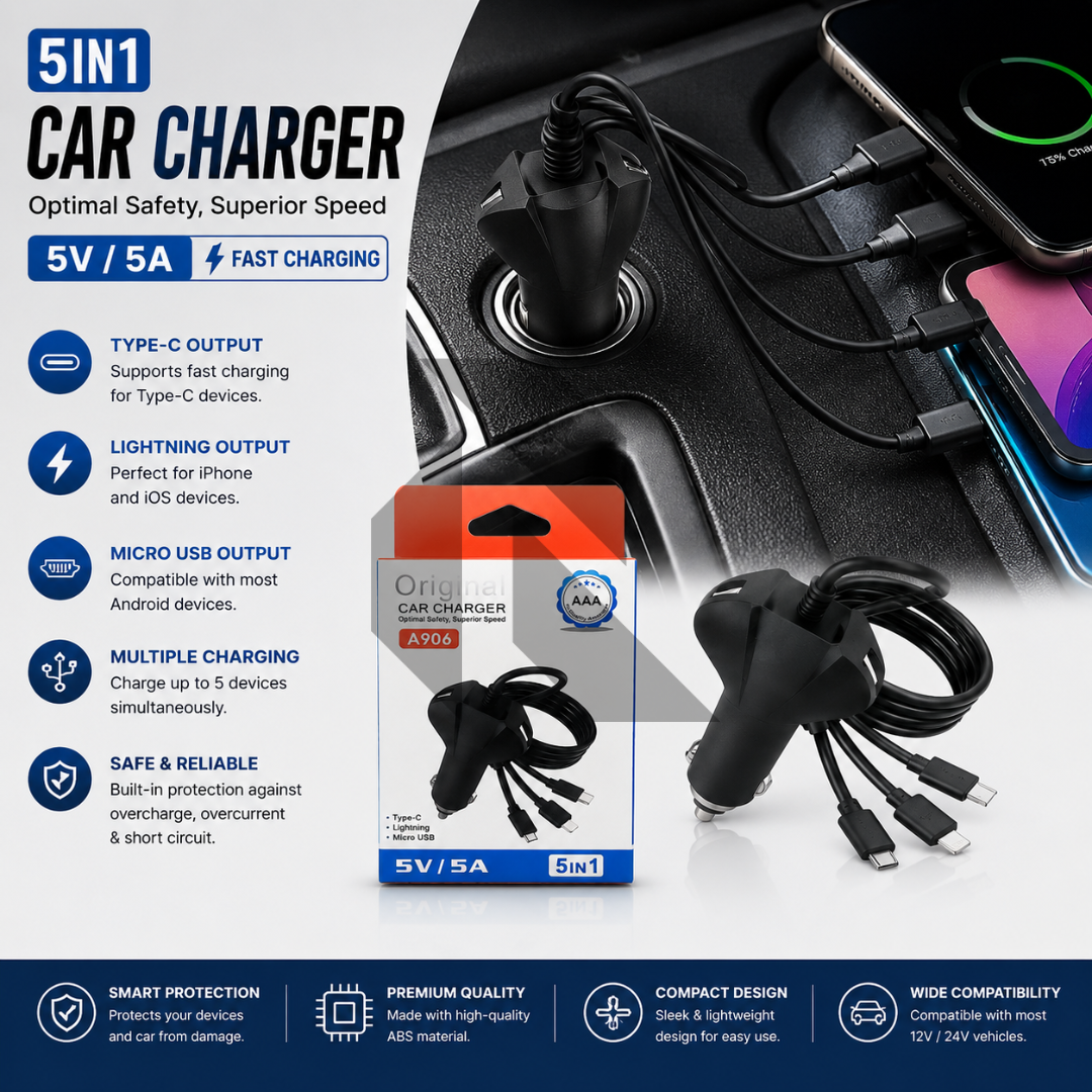 5-in-1 Fast Car Charger 5V/5A with Type-C, Micro USB & iPhone Lightning Cables – Multi Charging Adapter Main image