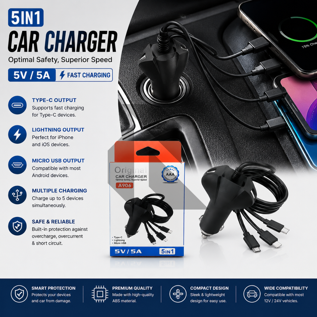 5-in-1 Fast Car Charger 5V/5A with Type-C, Micro USB & iPhone Lightning Cables – Multi Charging Adapter