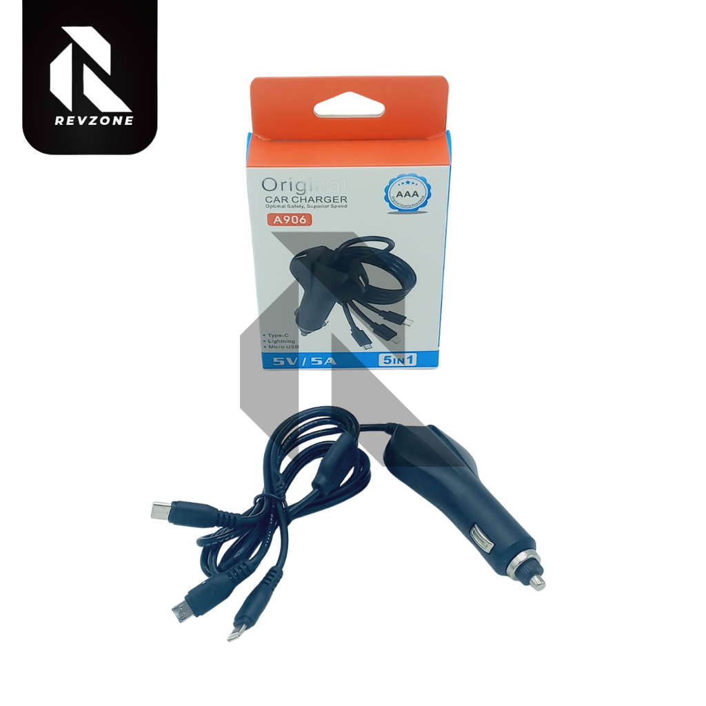 5-in-1 Fast Car Charger 5V/5A with Type-C, Micro USB & iPhone Lightning Cables – Multi Charging Adapter