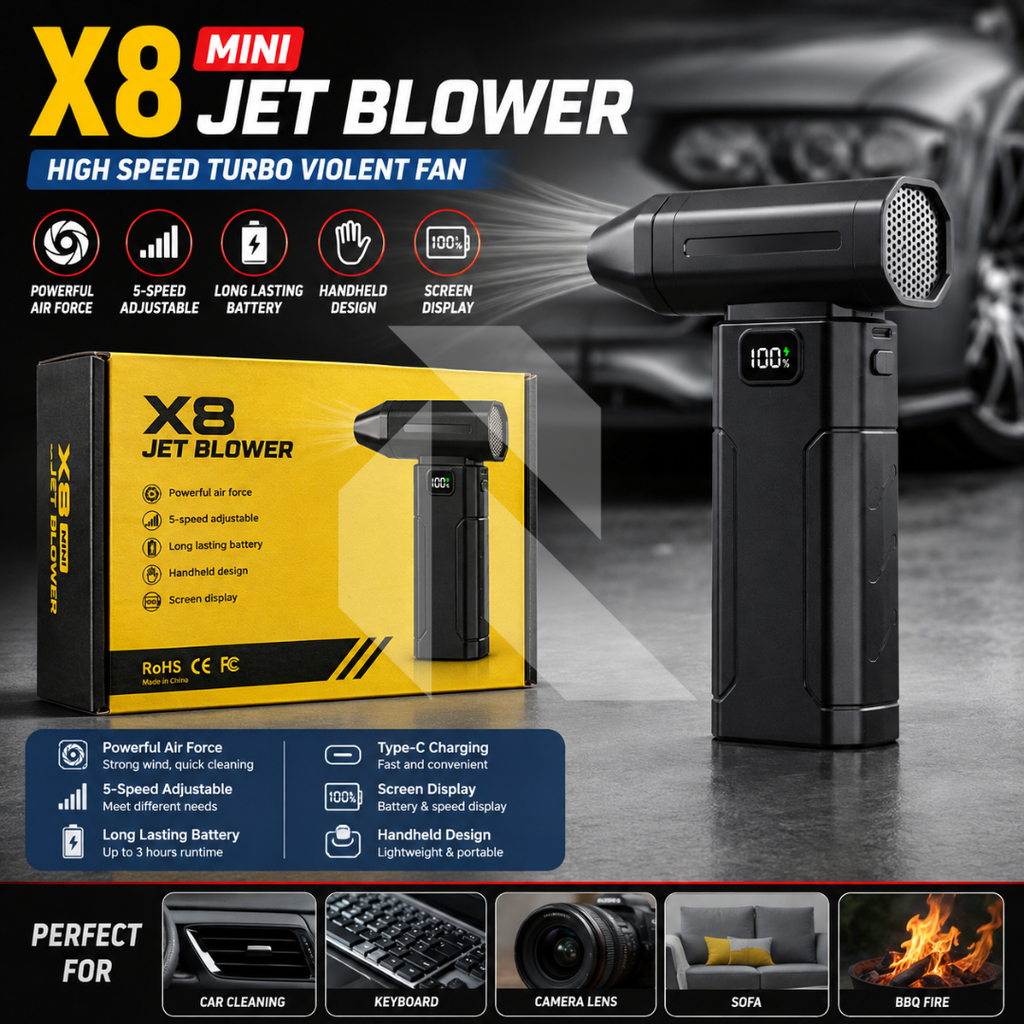 X8 Turbo Jet Blower – Portable Rechargeable Air Duster for Car Detailing, PC & Multi Use